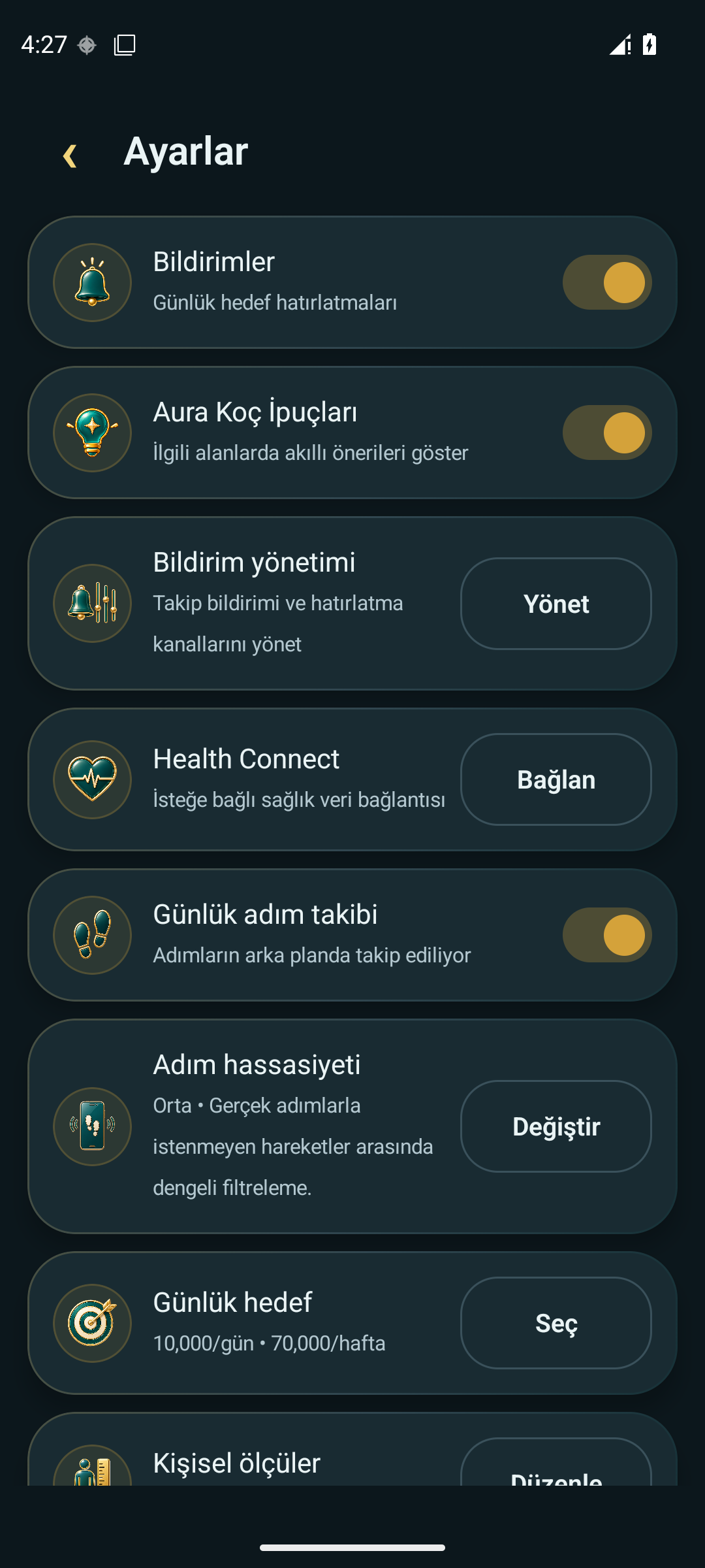 AdımAura settings screen